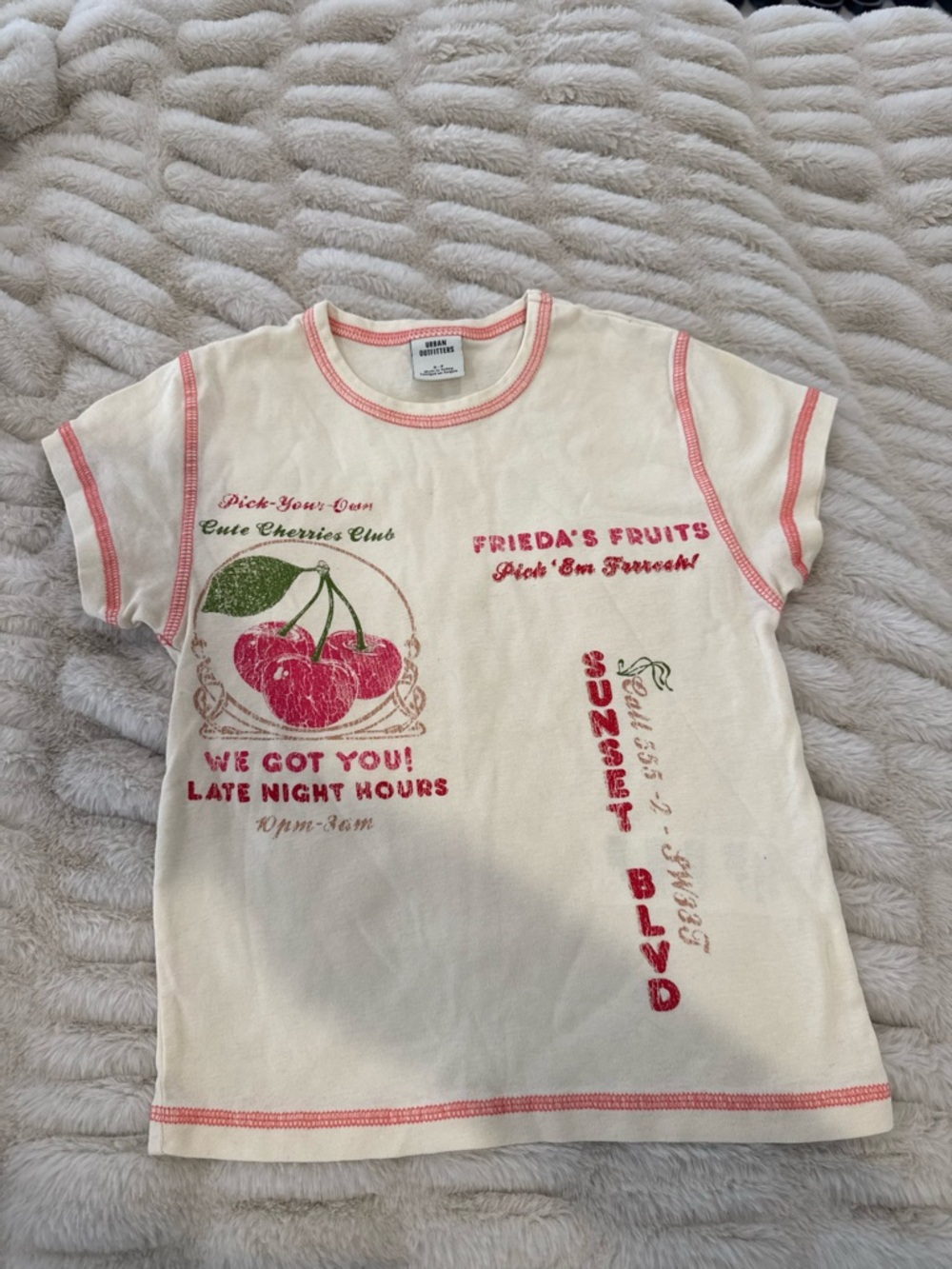Womens Cream Cherry Graphic Tee with Pink Trim